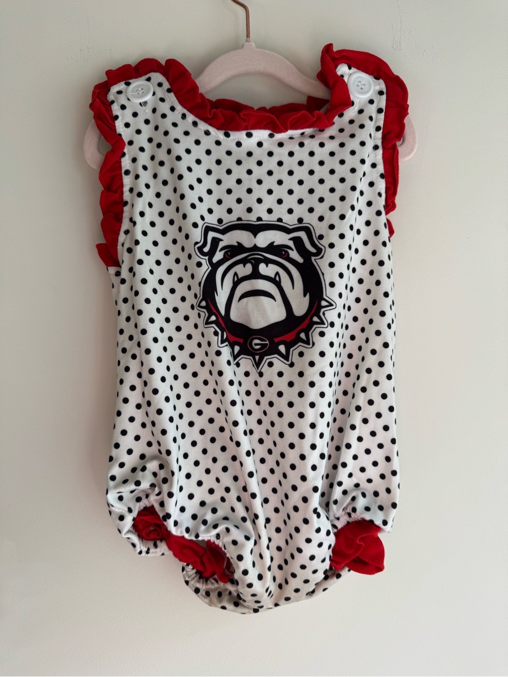 University Bulldogs Polka Dot Ruffle Baby One-Piece - White & Red